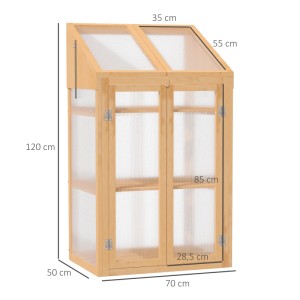 Outsunny Gewächshaus aus Tannenholz, braun, mit Regalen und transparenten Polycarbonat-Platten.