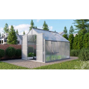 Vitavia Gewächshaus Meridian 2 mit Alu-Rahmen und geöffneter Tür im Garten.