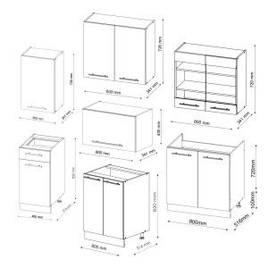 Skizze der Vicco Fame-Line Küchenzeile 240 cm in Bordeaux/Anthrazit mit Maßangaben.