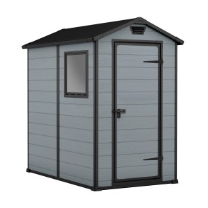 Graues Keter Kunststoff-Gartenhaus Lineus mit Fenster und Tür, ideal zur Geräteaufbewahrung.