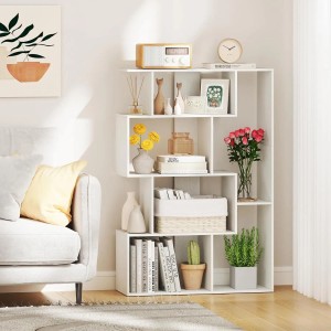 Weißes, geometrisches Costway Bücherregal mit 6 Fächern im Wohnzimmer. Modernes Holzregal für Bücher & Deko.