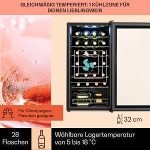 Klarstein Shiraz 28 Uno Weinkühlschrank mit Glasfront, gefüllt mit Weinflaschen. Elektrogerät zur Weinlagerung.