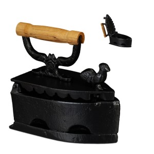 Dekoratives, schwarzes Gusseisen Bügeleisen im Antik-Design mit Holzgriff und Vogel-Verriegelung.