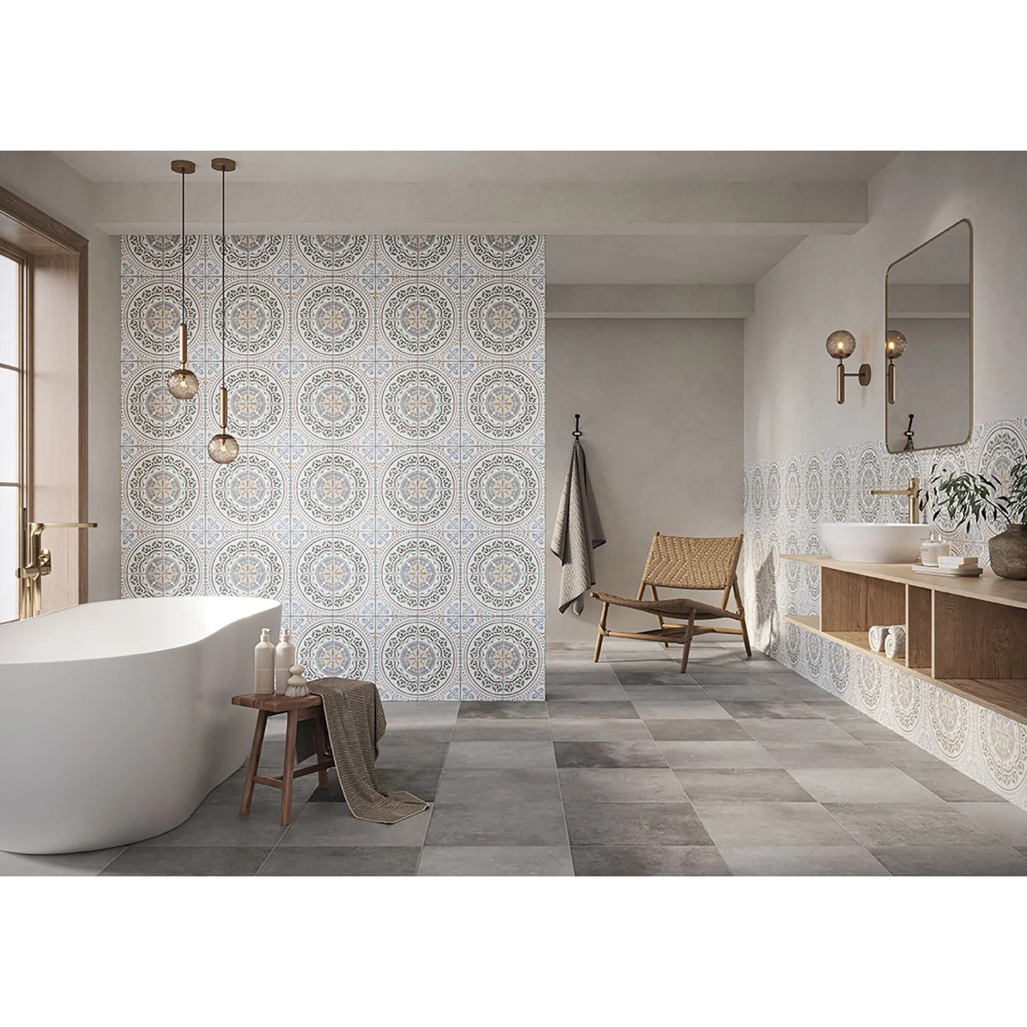 Cersanit Bodenfliese Albergo Clue Patchwork Grau, matte Feinsteinzeug Fliesen im Badezimmer verlegt.