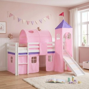 Weißes Kinder-Hochbett 90x200 mit rosa Tunnel, Turm, Rutsche und Vorhang. Ideal für Spiel und Schlaf.