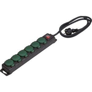 Schwarze 6-fach Tischsteckdosenleiste mit grünen Schutzdeckeln und Schalter.