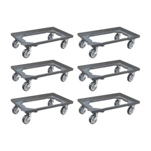Set aus 6 grauen Transportrollern für Euroboxen (60x40 cm) mit Gummirädern und Bremsen, Traglast 300 kg.