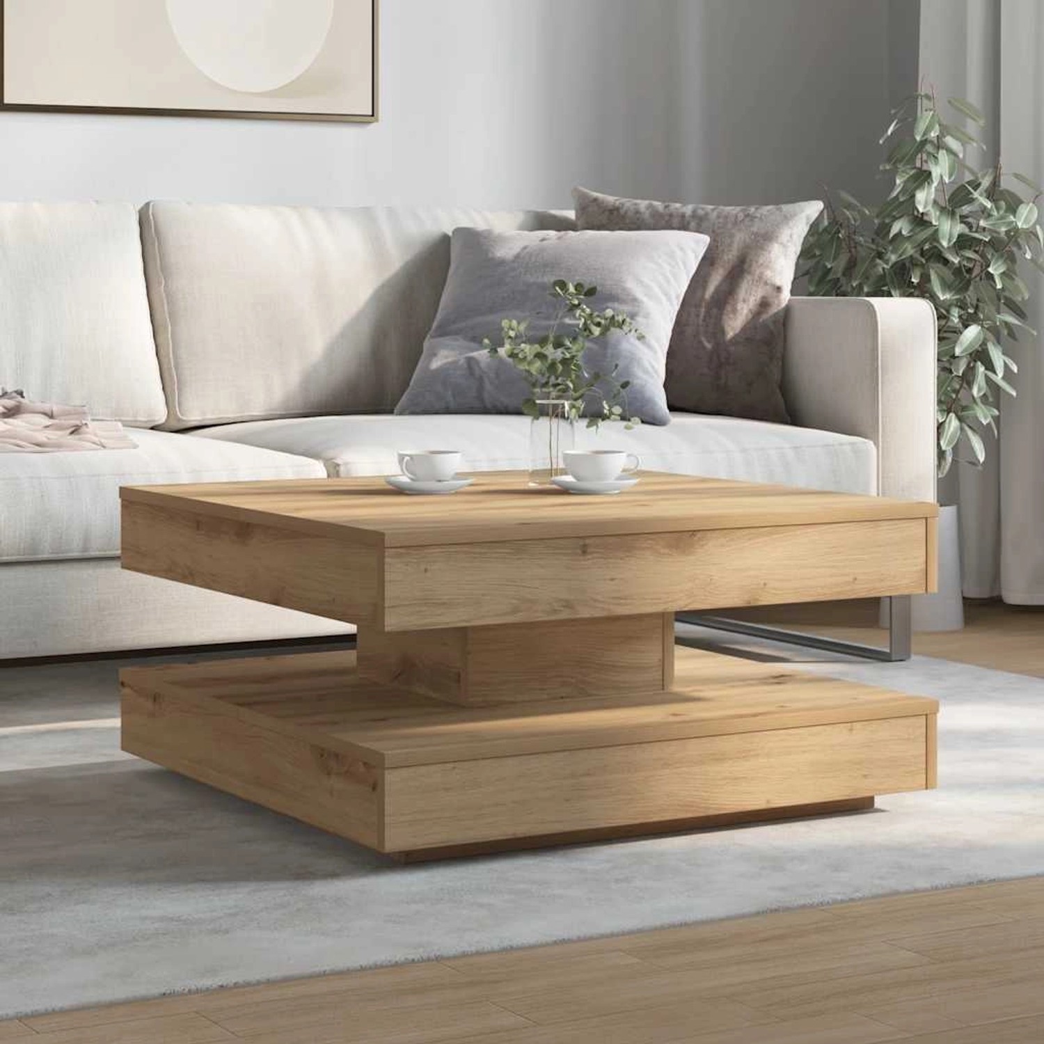 Quadratischer, drehbarer Couchtisch in Artisan-Eiche (70x70 cm) im Wohnzimmer.