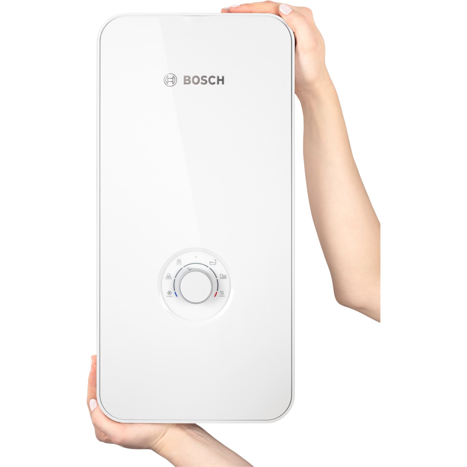 Weißer Bosch Durchlauferhitzer Tronic Comfort Plus in Händen gehalten.