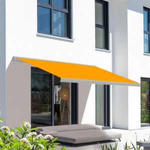 Elektrische Kassettenmarkise, gelbes Tuch, weiße Kassette, 2,5x2m. Sonnenschutz für Terrasse.