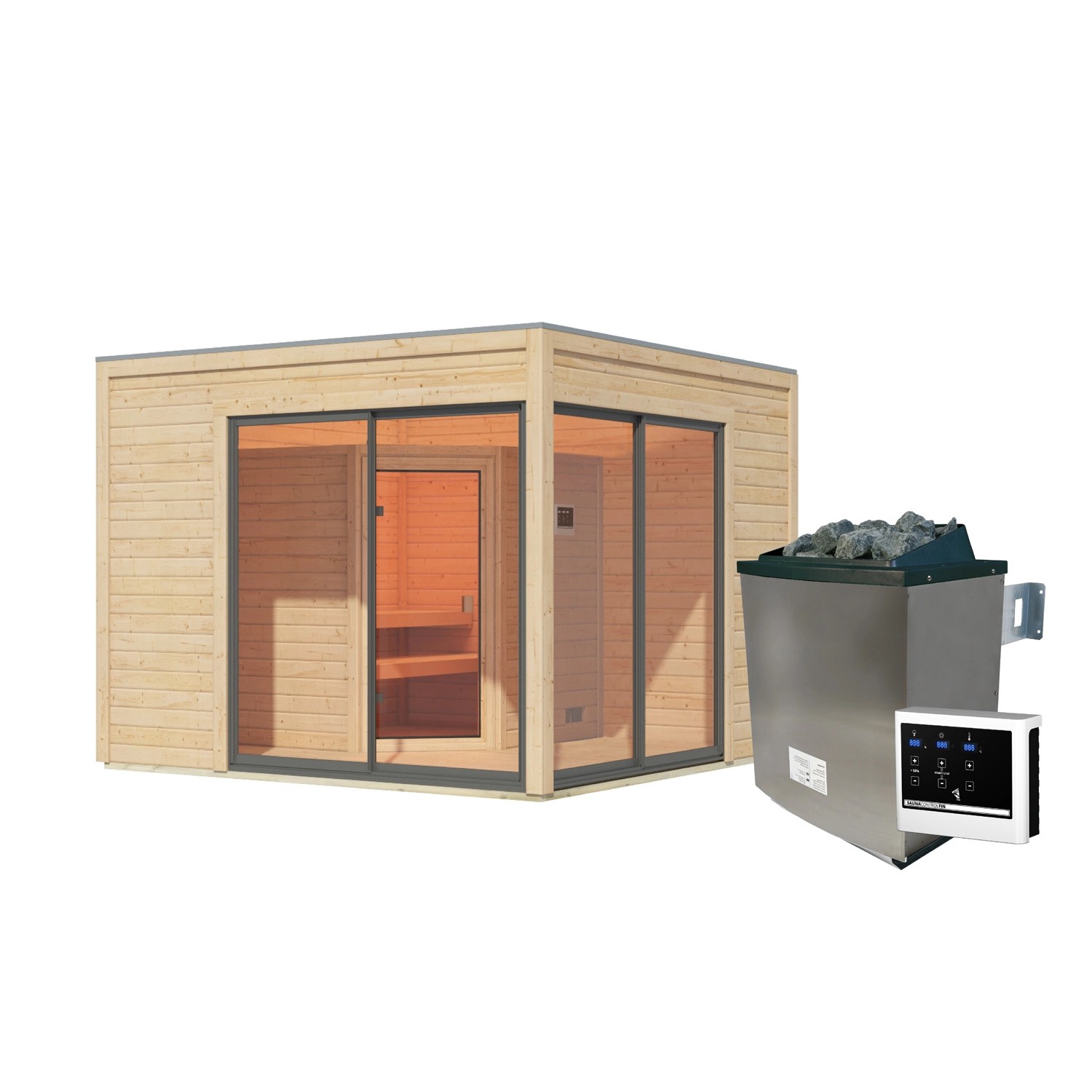 Karibu Saunahaus Cubulis 3 Var. A Naturbelassen mit Ofen 9 kW ext. Steuerung