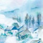 Komar Vliestapete Hamlet: Aquarell-Optik mit Häusern und Bäumen in Blau- und Grüntönen, 200x250 cm.