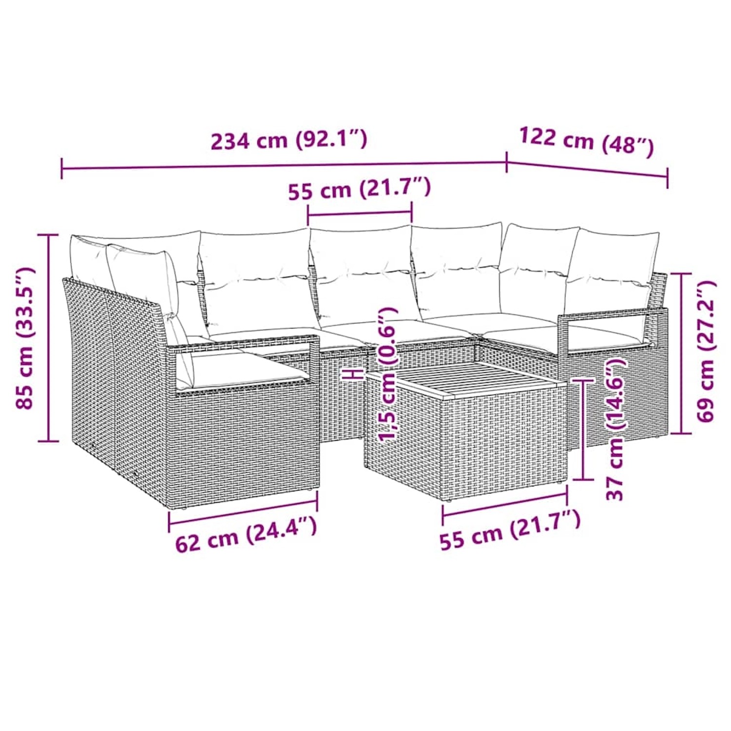 vidaXL Garten-Sofa-Set, 7-teilig, beige/hellgrau, mit Maßen. Ideal für Terrasse und Garten.