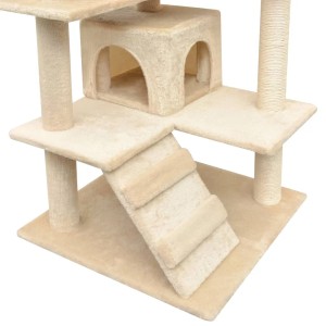 Beiger Katzen-Kratzbaum mit Sisal, Häusern, Leiter und Plattformen, 125 cm hoch.