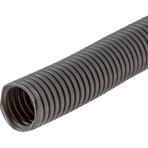 Dunkelgraues Isolierrohr EN 40, 25 m, geriffelte Oberfläche. Flexrohr für Elektroinstallationen.