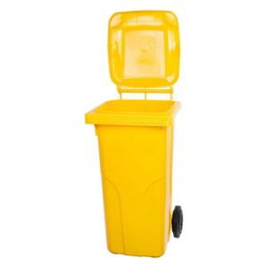 Gelbe PROREGAL Mülltonne (120L) mit Rädern und offenem Deckel. Ideal für die Mülltrennung.