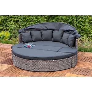 Graue Merxx Relaxinsel Riva Ø 180 cm mit Sonnendach und Kissen, Teil des Gartenmöbel-Sets.