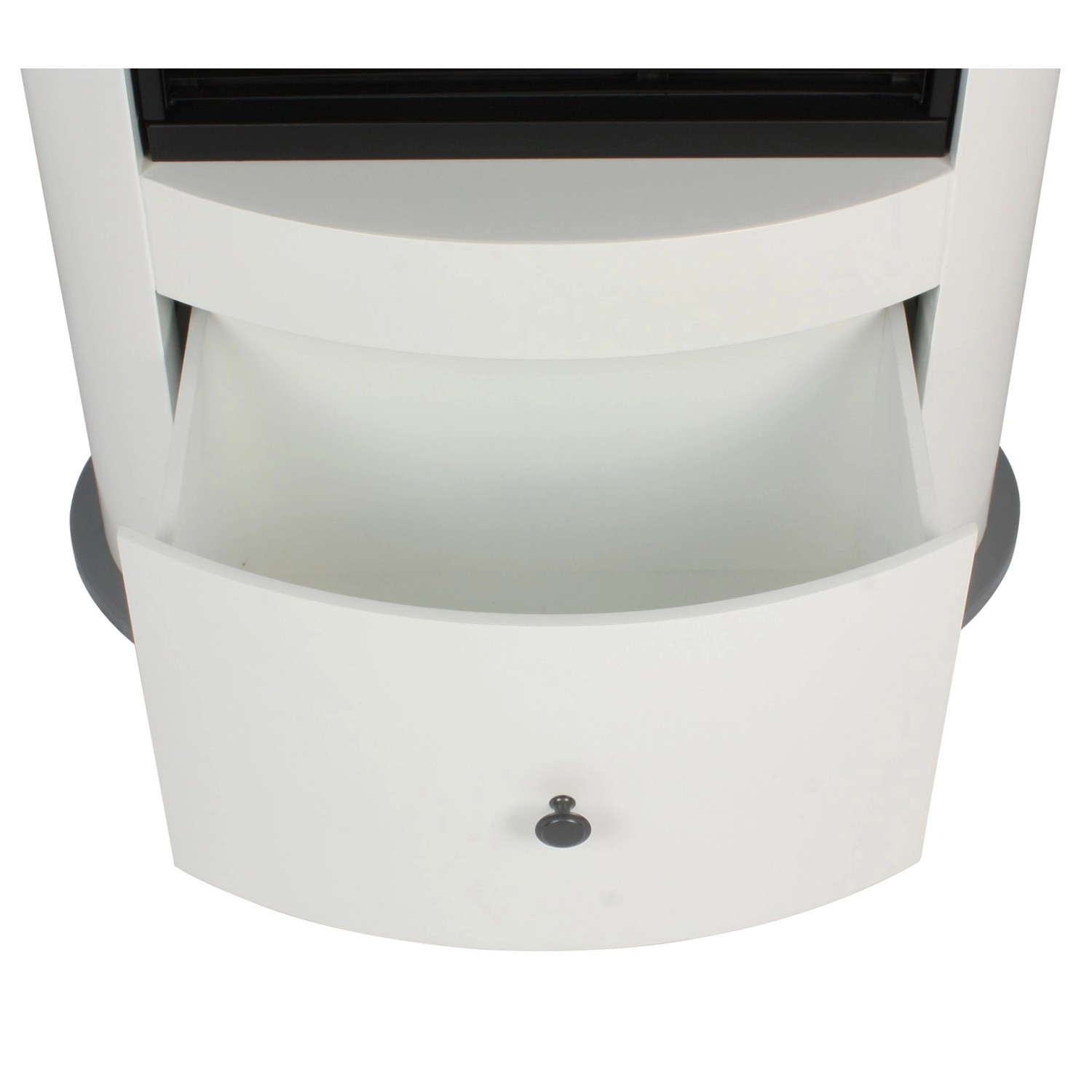 Detailaufnahme: Weißer EL Fuego Elektrokamin Wien II mit offener Schublade.