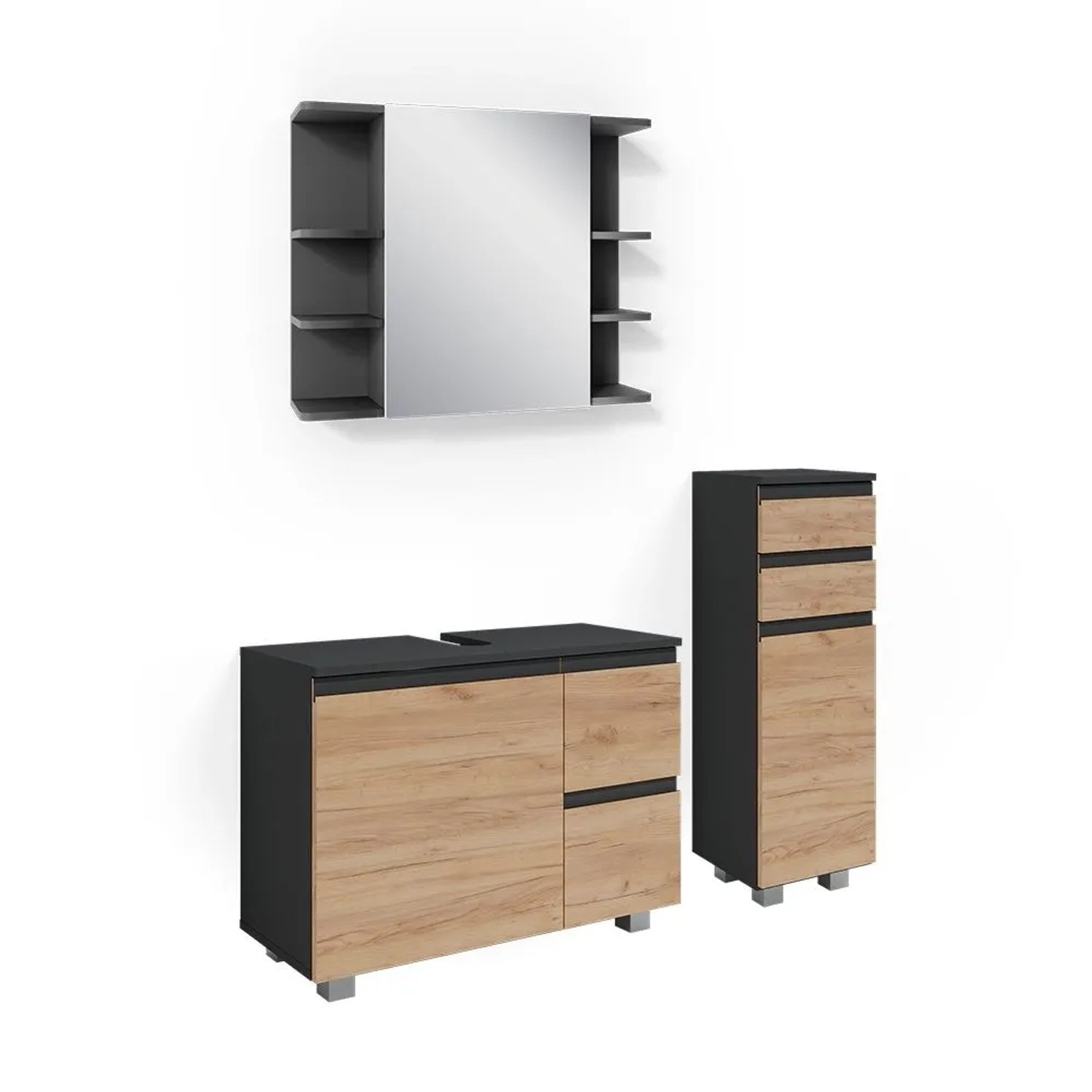 Vicco Badmöbel-Set J-Shape Anthrazit/Goldkraft Eiche 80 x 61 3-teilig