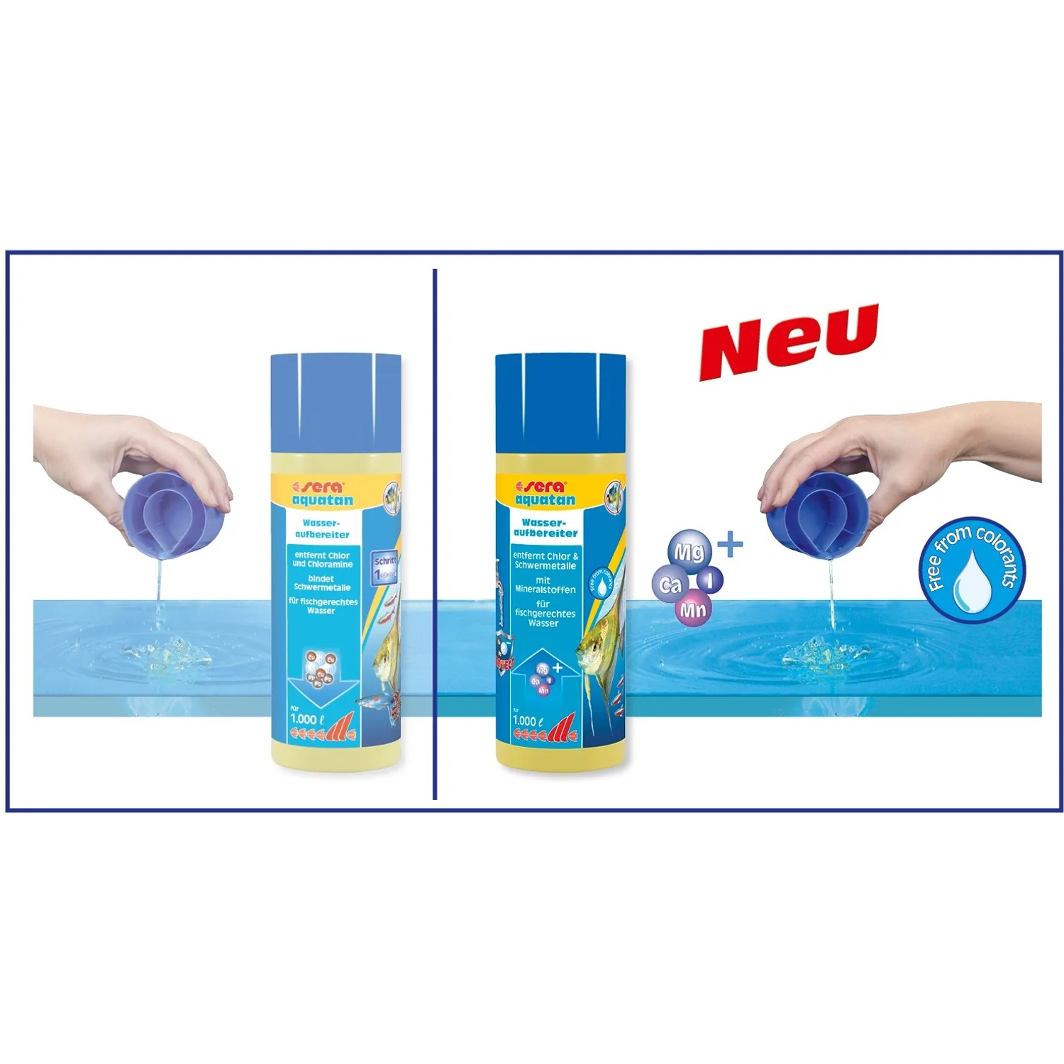 Sera Aquatan Aquarium Wasseraufbereiter, 100ml Flasche mit Dosierkappe, Anwendung im Aquarium.