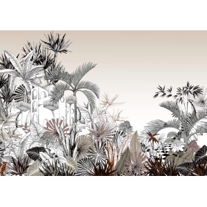 Rasch Digitaltapete Tropical House: Dschungel-Motiv in Beige, Schwarz und Grau mit Palmen und Architektur.