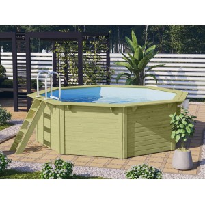 Karibu Holzpool Modell 1 Set mit Filteranlage und Leiter im Garten.