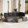 Graues 7-teiliges vidaXL Garten-Sofa-Set aus Poly Rattan mit Kissen und Tisch.