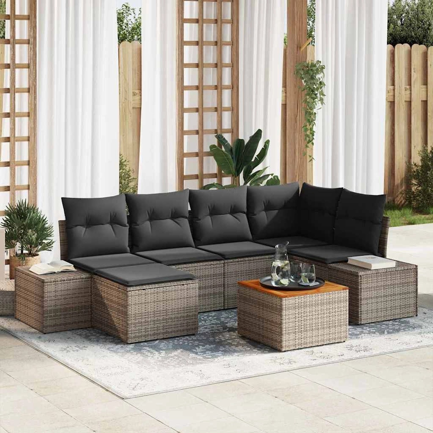 vidaXL Garten-Sofa-Set mit Kissen 7-Tlg Grau Poly Rattan 3347979 günstig online kaufen