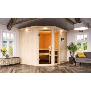 Karibu Sauna Freyja 3 mit Bio-Ofen und LED-Dachkranz aus naturbelassenem Fichtenholz.