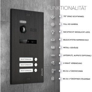 Balter EVO-HD Video-Türsprechanlage für 3-Familienhaus, Türstation in Schwarz, Monitore in Weiß.