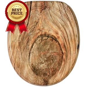 Sanilo WC-Sitz Rustikal aus Holz mit Baumscheiben-Muster und "Best Price" Siegel.