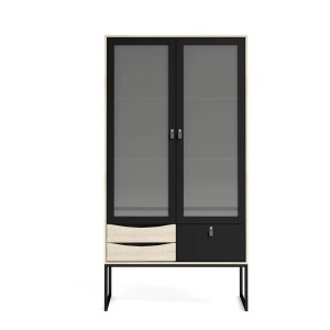 Vitrinenschrank Sady mit Glastüren und Schubladen in Schwarz und Eiche Dekor.