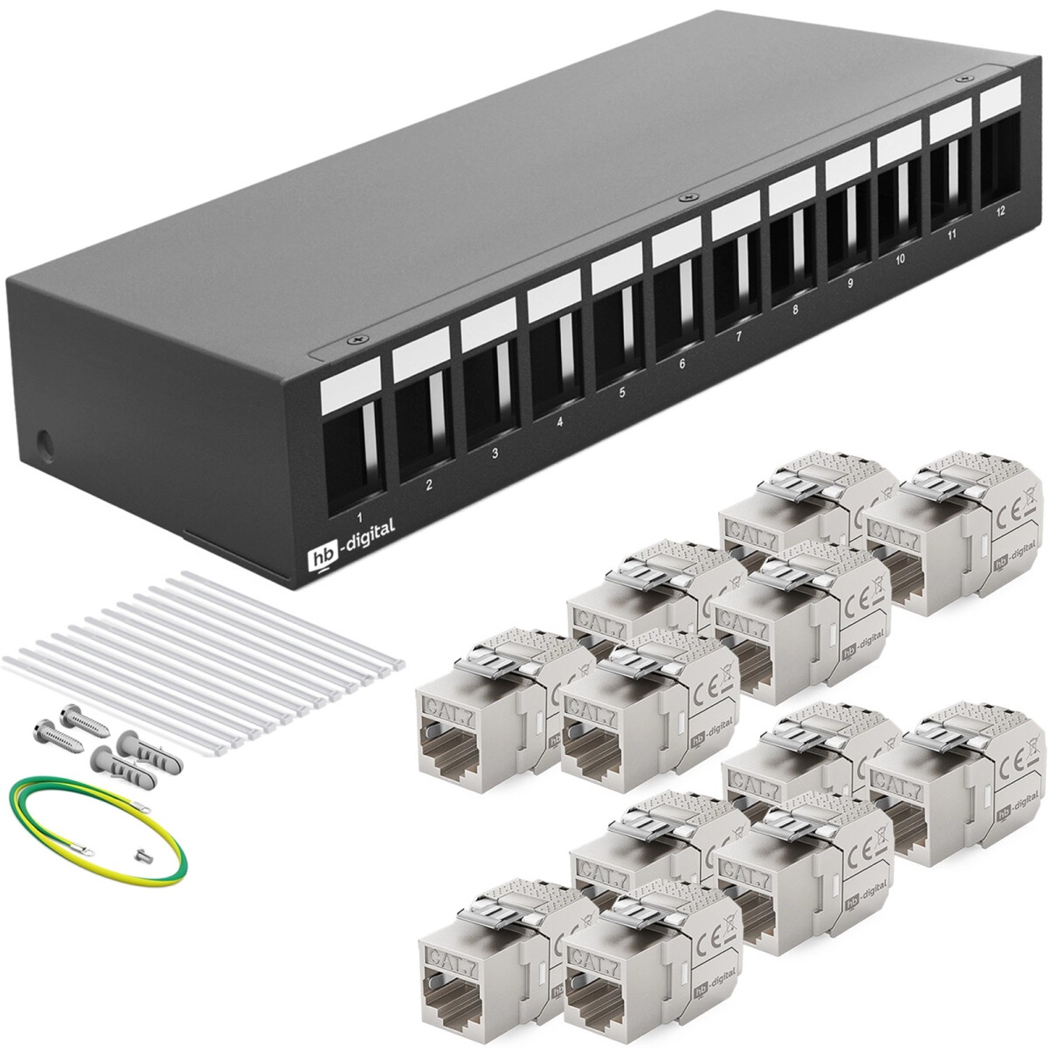 hb-digital Patch Panel 12 Port mit 12x Keystone Module Cat 7 Schwarz
