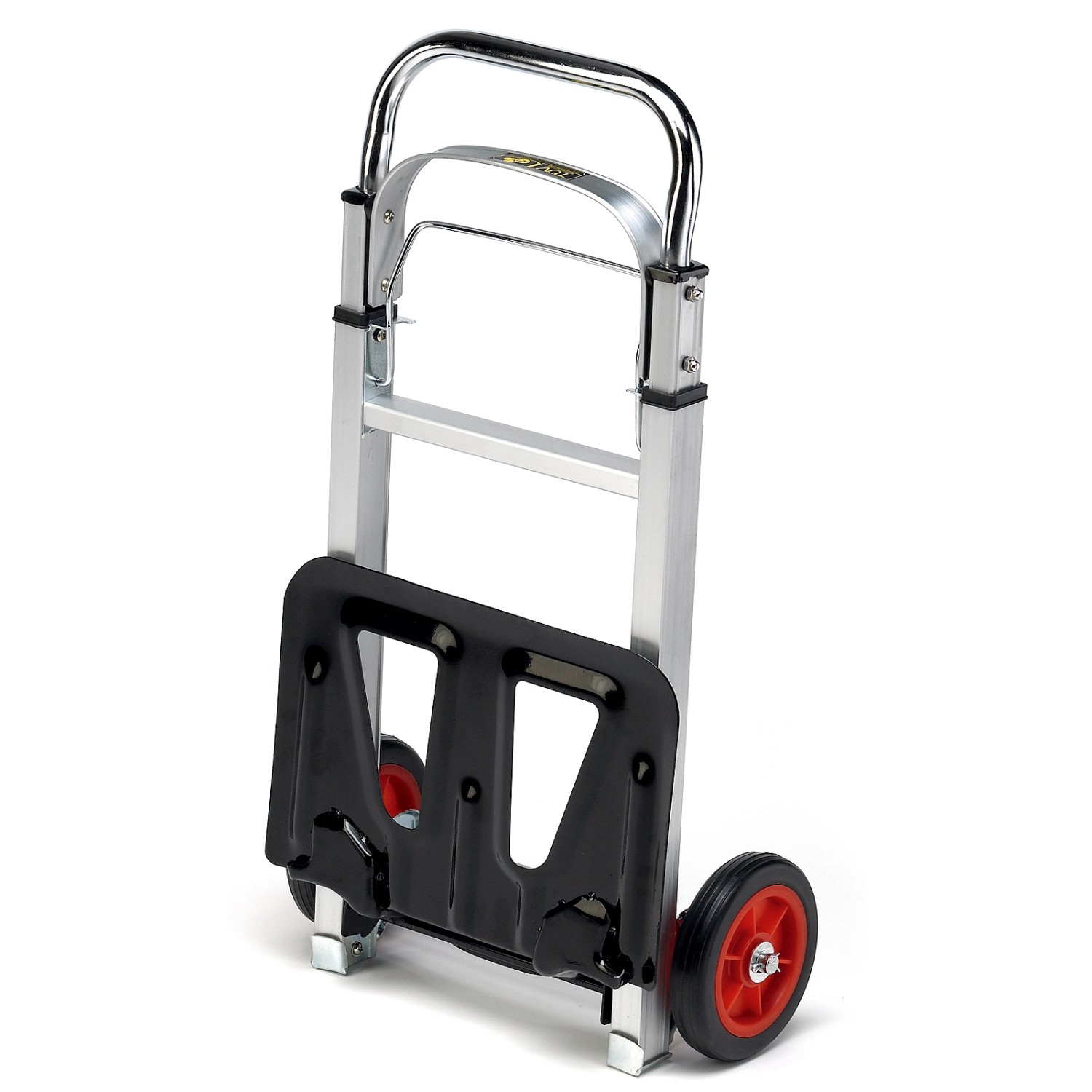 Zusammengeklappte Transportkarre aus Aluminium mit rot-schwarzen Rädern, Tragkraft 90 kg.