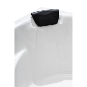 Detailaufnahme der Basera® Eckbadewanne Korfu mit schwarzer Kopfstütze.