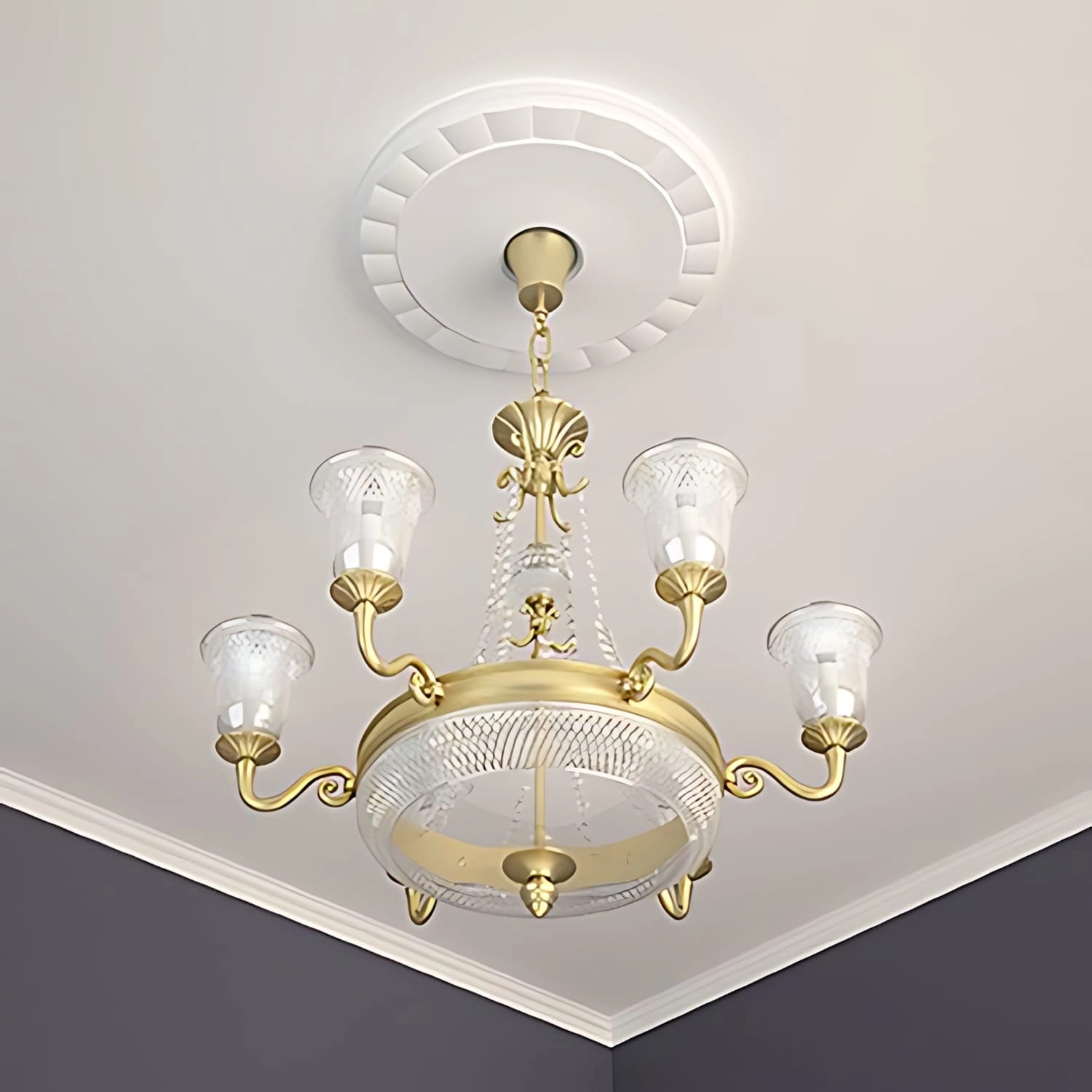 Weiße PROFHOME Deckenrosette (Ø 45cm) aus Polyurethan unter einer goldenen Lampe.