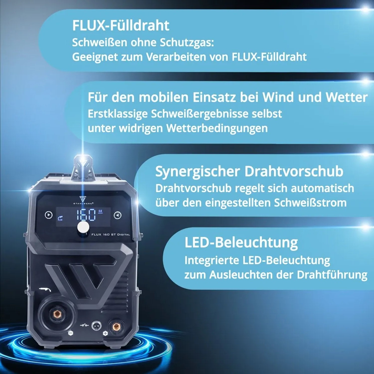 STAHLWERK FLUX 160 ST Digital Schweißgerät mit 160 A. Fülldraht schweißen ohne Schutzgas. Mit LED-Beleuchtung.
