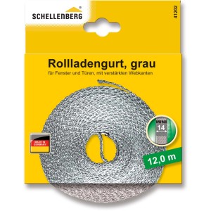 Schellenberg Rollladengurt Mini, 14 mm breit, 12 m lang, grau, aufgerollt in gelber Verpackung.
