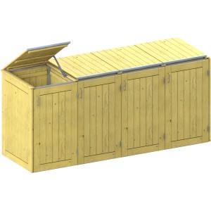 Mülltonnenbox System Binto für 4 Tonnen aus Nadelholz mit Klappdeckel, teilgeöffnet.