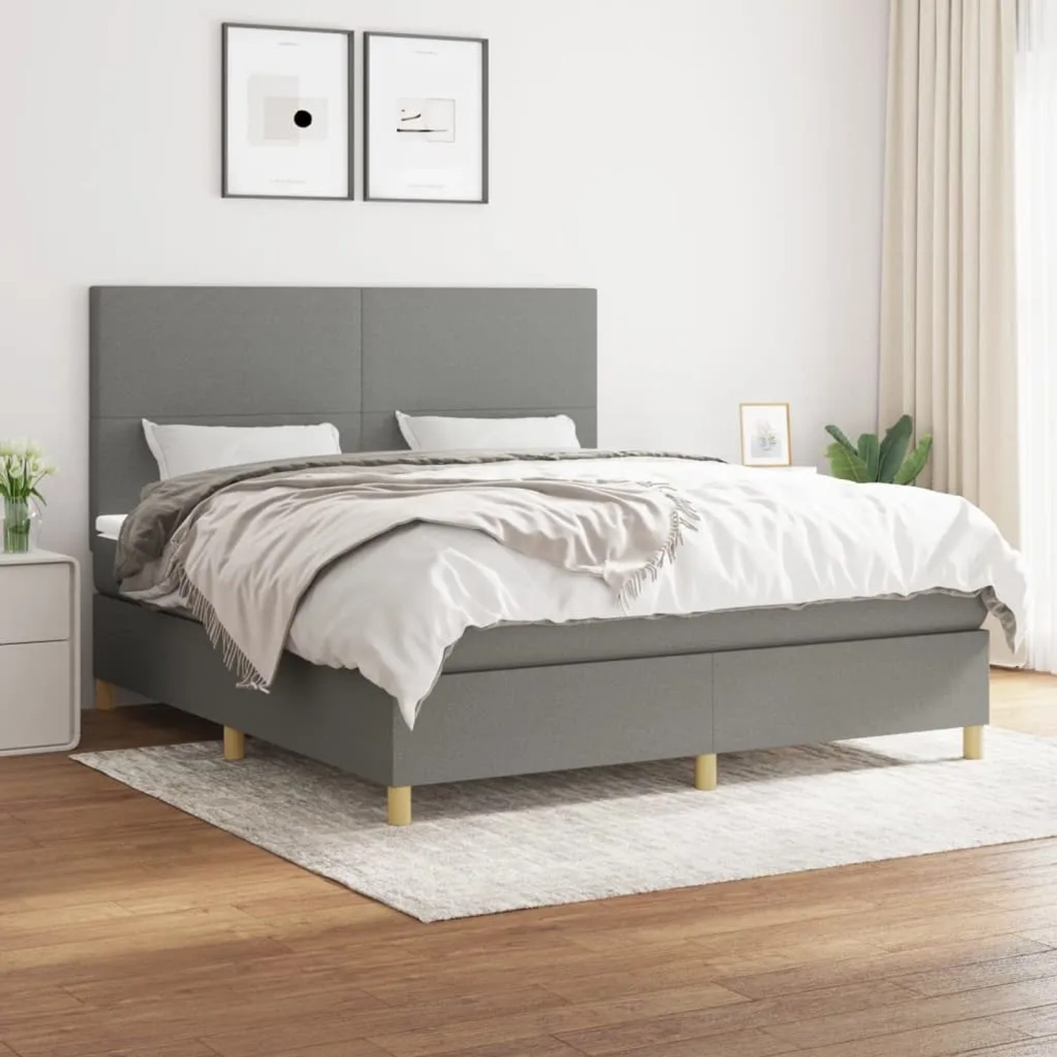 Dunkelgraues vidaXL Boxspringbett (160x200 cm) mit Matratze und Kopfteil im Schlafzimmer.
