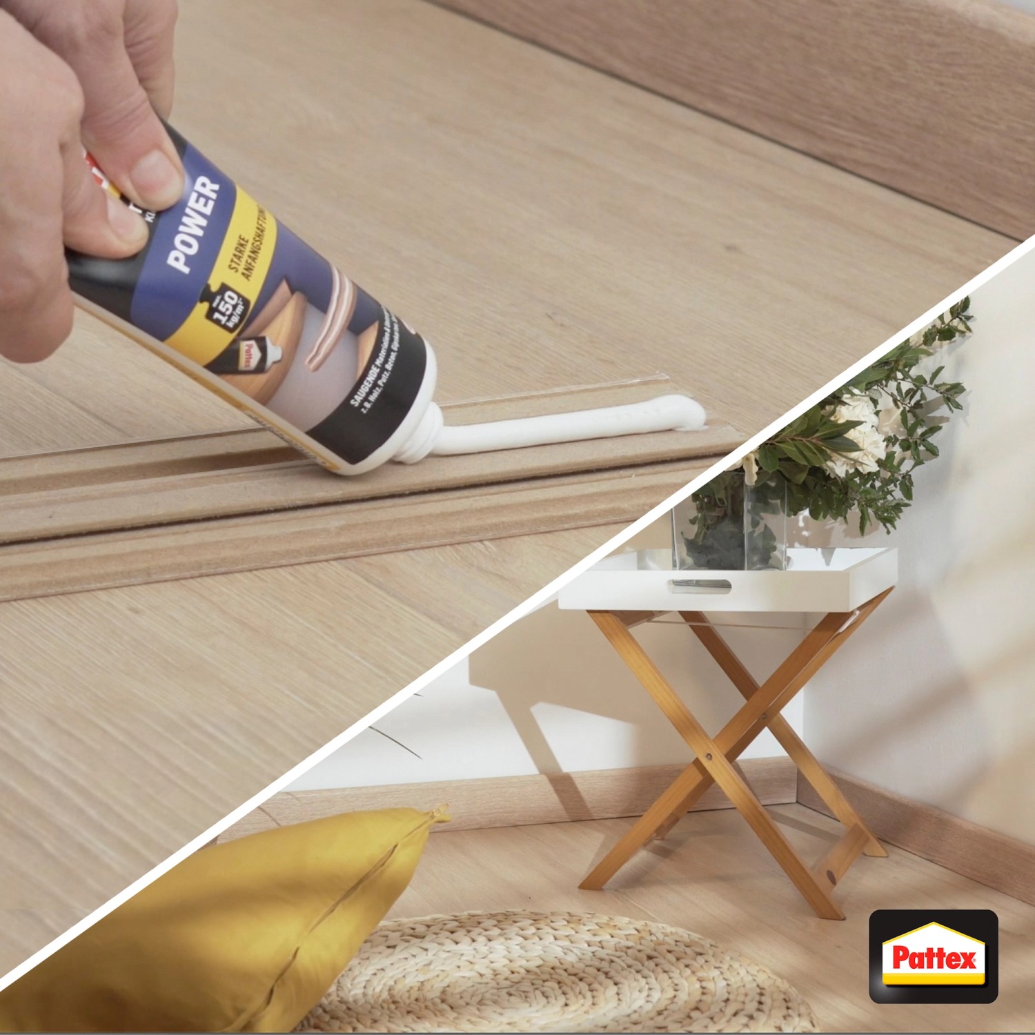 Anwendung von Pattex Baukleber Power Tube zum Anbringen einer Fußleiste.