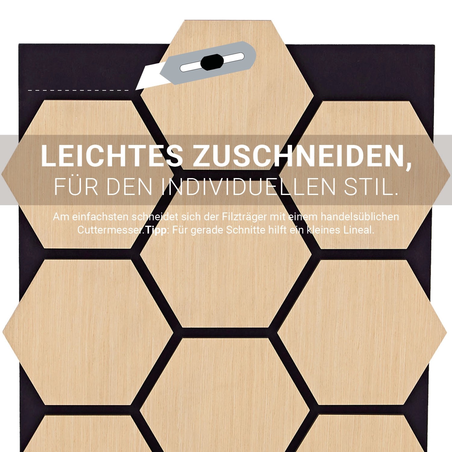Homestyle4u Akustikpaneel: Naturfarbene Holz-Hexagone auf schwarzem Filz, zuschneidbar.