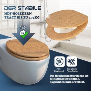 SINOBATH WC-Sitz B01 mit Absenkautomatik, Holzkern, Holzoptik auf WC montiert.