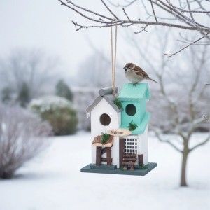 Mehrfarbiges Relaxdays Vogelhaus aus Kiefernholz mit Vogel im Wintergarten.