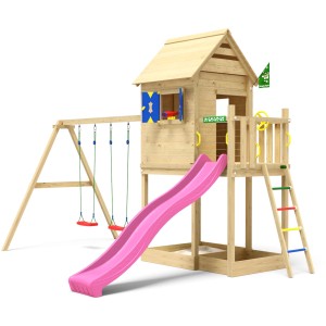 Jungle Gym Spielturm Hideout mit Schaukeln, Rutsche Fuchsia und Leiter. Holz natur.