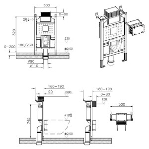 Technische Zeichnung: Pianura Unterputz-Spülkasten 82 cm für Wand-WC EASYPro, Maße und Details.