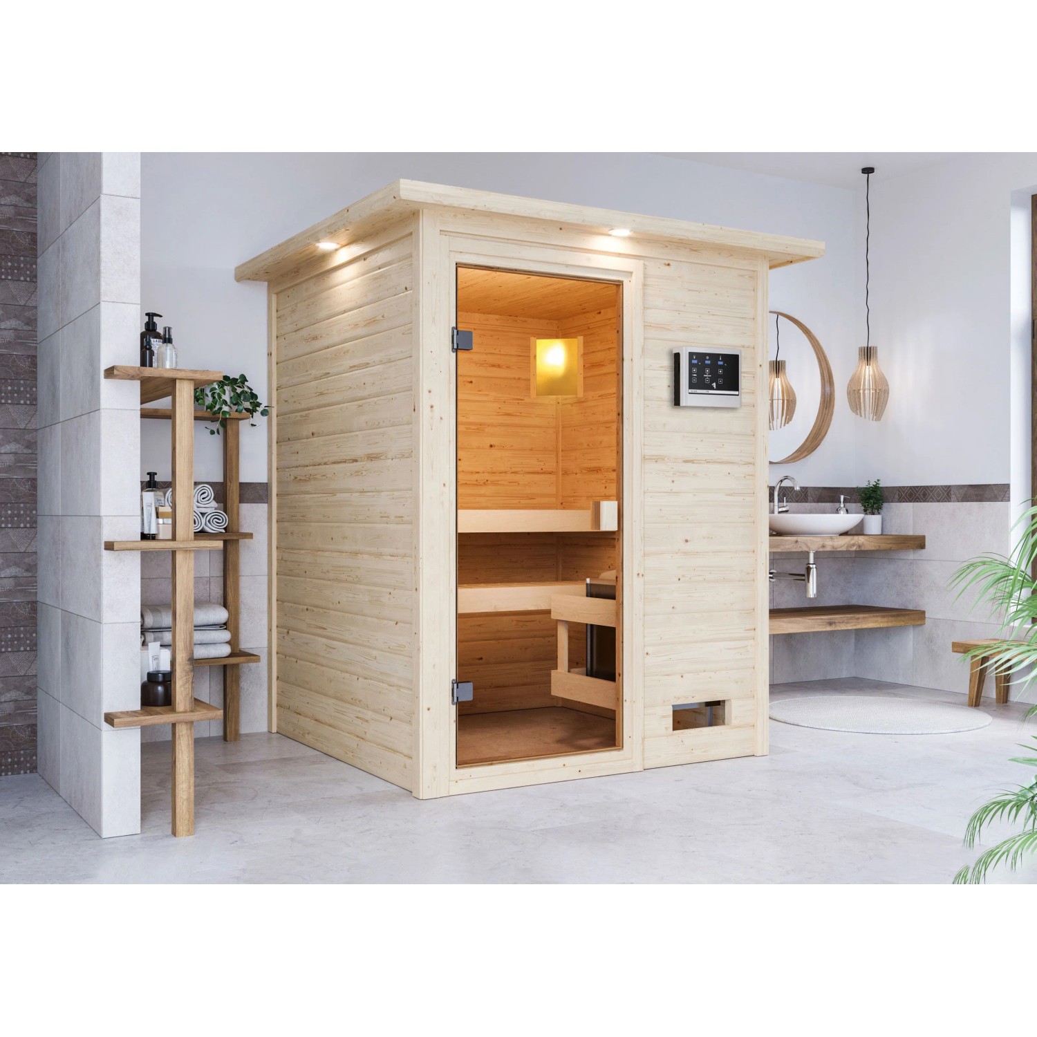 Woodfeeling Sauna Sandra mit Ofen und LED-Dachkranz im Badezimmer.