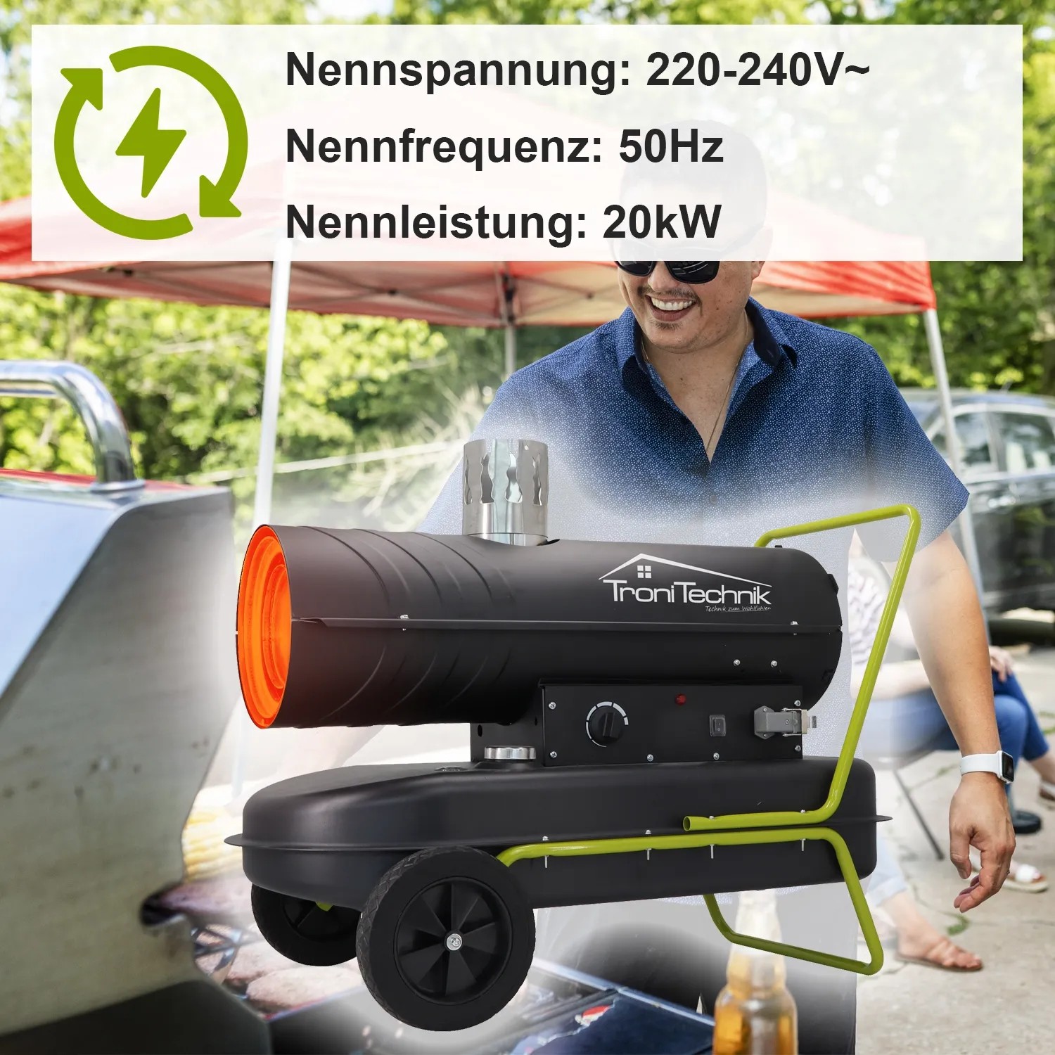 TroniTechnik Diesel Heizkanone 20kW mit Rädern und Tragegriff. Heizgerät für den Aussenbereich.