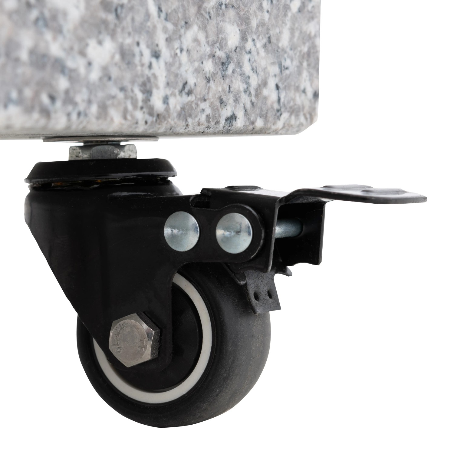 Detailaufnahme: Rolle des grauen Doppler Granitsockels myZone, Schirmständer mit Rollen.