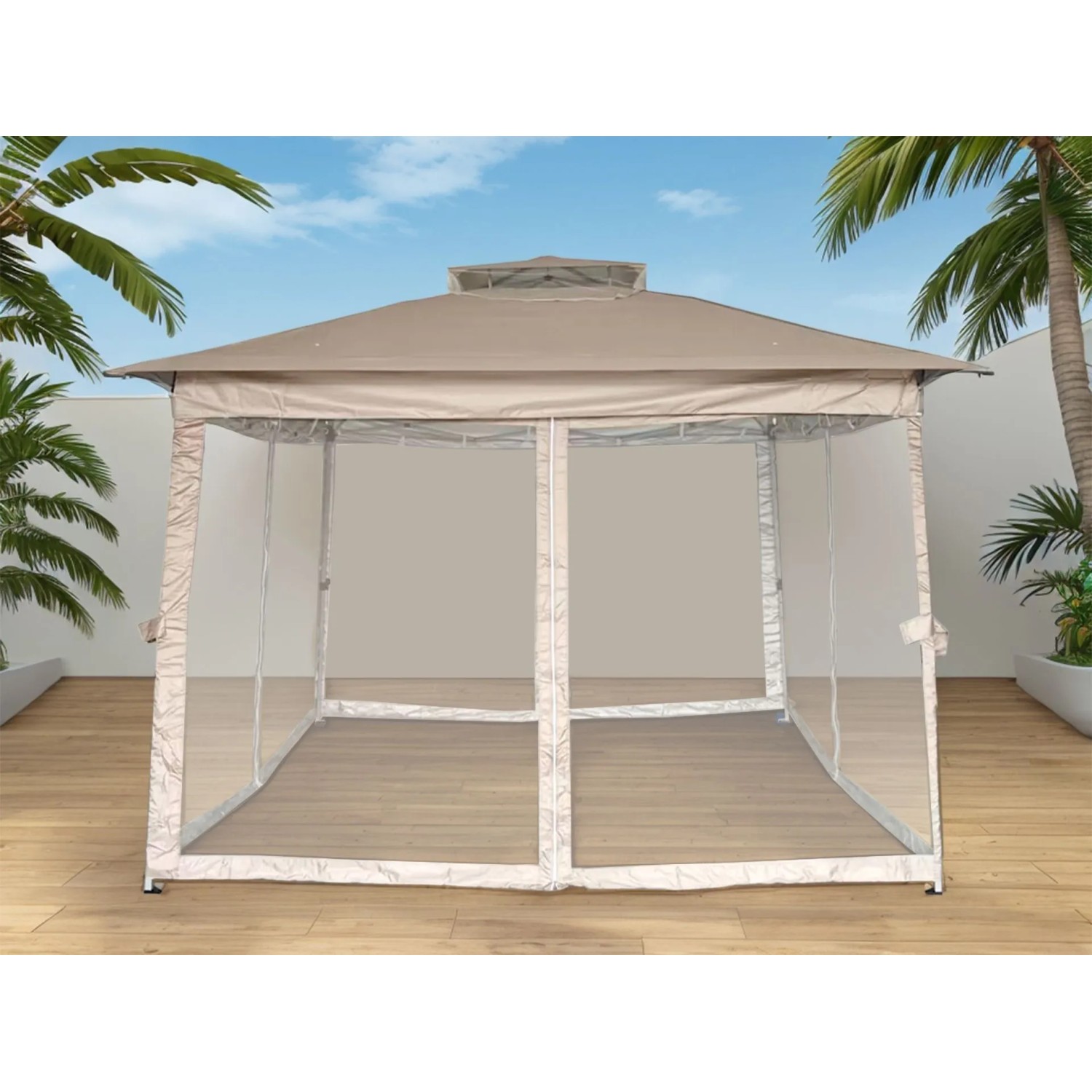 Hellgrau-beiger Faltpavillon Kleopatra 3,35x2,7m mit Moskitonetz und Tragetasche.